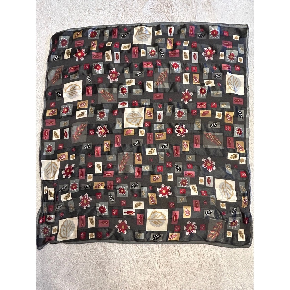 Vtg ECHO Square 21" 100% Silk Scarf Fall Floral Leaf Print Charcoal Red Gold